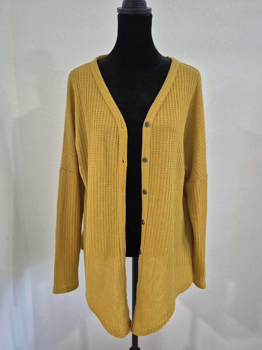 Relaxed Mustard Waffle-Knit Button Cardigan - Women